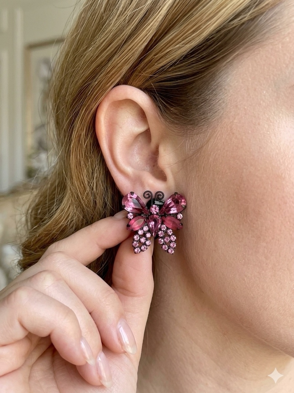 Vintage WEISS Pink Rhinestone Butterfly Clip on Earrings 1950s